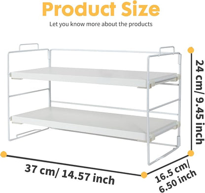 PowerKing Desk Shelf Organizer, 2-Tier Desktop Shelves with Wood Board, Adjustable Bookshelf Storage Rack for Home Office School Study Room (White Frame + White Wood)