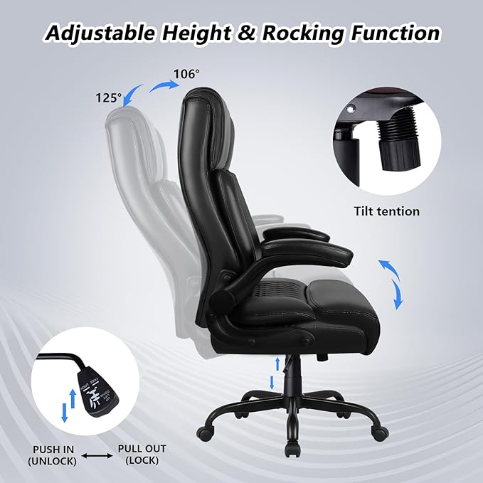 Office Chair, Big and Tall 400LBS Heavy Duty Executive Office Desk Chair with Flip-up Armrest, Ergonomic Swivel High Back Office Chairs with Lumbar Support, PU Leather (Black)