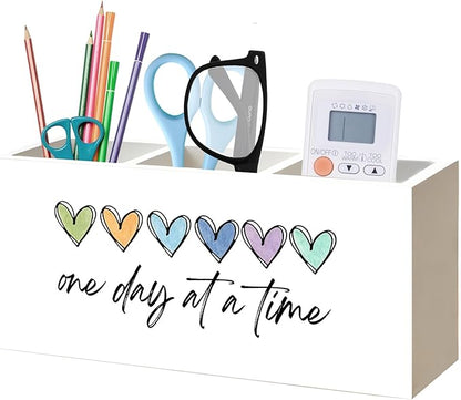 One Day At a Time Inspirational Mental Health Recovery Pen Pencil Holder Organizer for Home Therapy Office Desk Accessories, Motivational Self Love Wood Signs Makeup Brush Toothbrush Holder