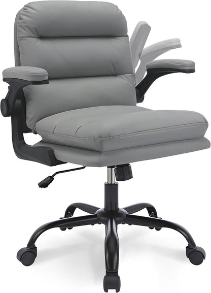 VECELO Ergonomic Swivel Office Desk Chair with Flip-up Armrest and Adjustable Height, Lumbar Support & PU Leather Thickened Cushion, for Computer Task Work, Gray