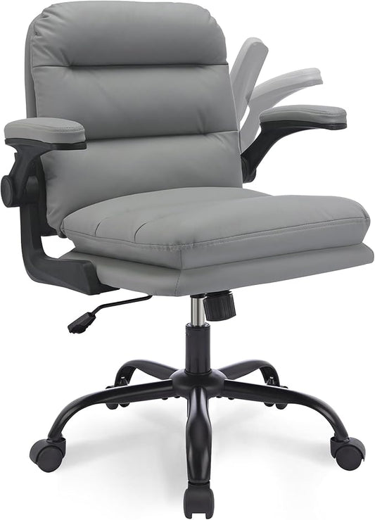 VECELO Ergonomic Swivel Office Desk Chair with Flip-up Armrest and Adjustable Height, Lumbar Support & PU Leather Thickened Cushion, for Computer Task Work, Gray