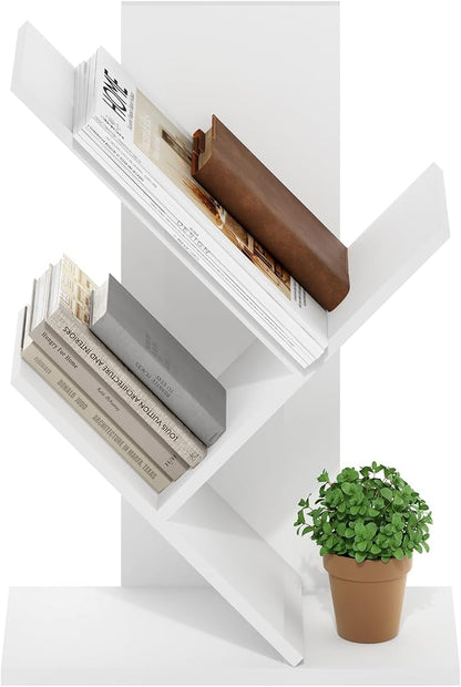 Furinno Tree Book Shelf, 3-Tier Bookshelf with Angled Open Shelf, Tree Bookcase for Room Decor, 8.4 x 15.7 x 21.3, for Organization and Storage, for Living Room, Bedroom, Home Office, White