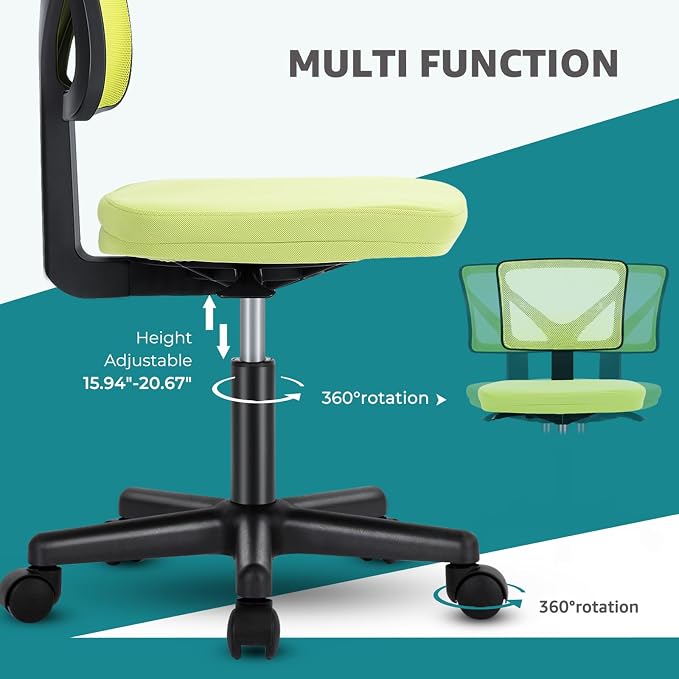 OLIXIS Armless Office Chair, Ergonomic Desk Chair with Wheels, Mesh Back, Removable Washable Foam Cushion, Height Adjustable Rolling Swivel Chairs for Small Space, Home, Office, Green