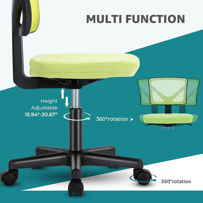 OLIXIS Armless Office Chair, Ergonomic Desk Chair with Wheels, Mesh Back, Removable Washable Foam Cushion, Height Adjustable Rolling Swivel Chairs for Small Space, Home, Office, Green