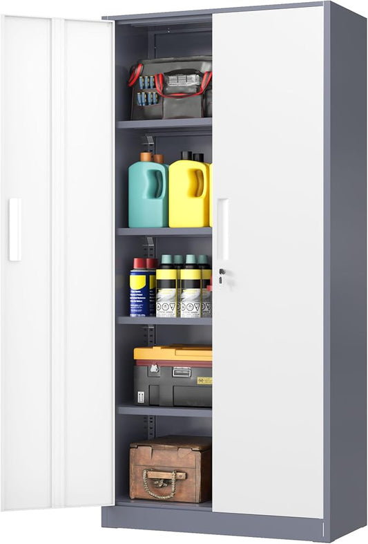 INTERGREAT Storage Cabinet with Doors and Shelves, Metal Garage Storage Cabinets with Lock, Black Lockable Steel Supply Cabinet for Home Office, Warehouse (Grey White)