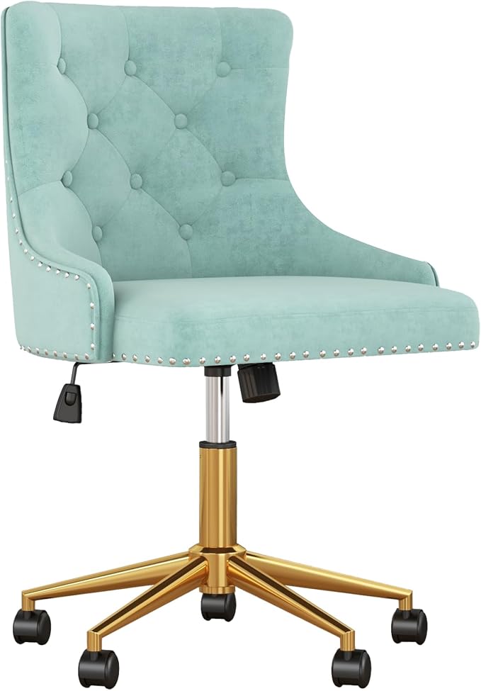 Velvet Armless Home Office Desk Chair, Swivel Height-Adjustable Small Cute Vanity Chair for Women/Girls, Comfy Makeup Chair with Rivet and Gold Base for Living Room, Bedroom(Green)