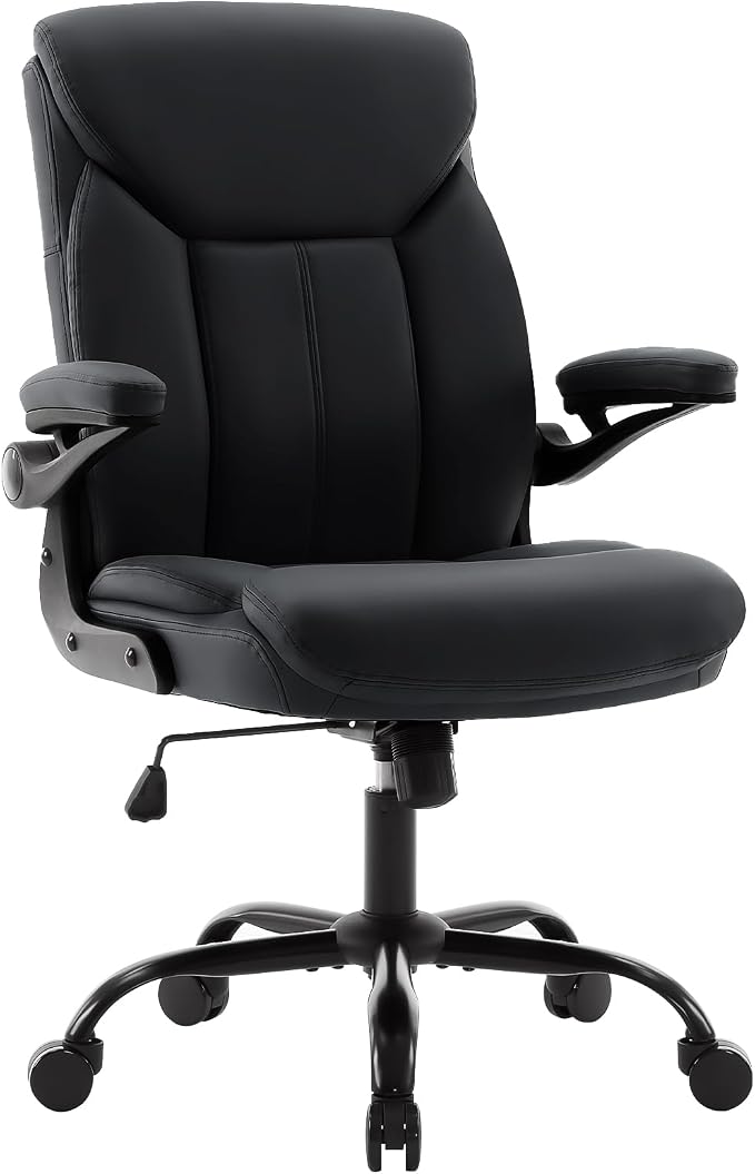 Leather Executive Office Chair - Ergonomic Computer Chair with Flip-up Arms Comfy PU Leather Home Desk Chairs Mid Back Support Adjustable Height Tilt Lock Swivel Rolling Wheels, Black
