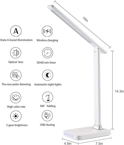 VAVOFO LED Desk Lamp with USB Charger, USB Charging Port, Table Lamp with 5 Brightness Levels Touch Control, 30/60 min Auto Timer, Dimmable Eye-Caring Desk Light for Home Office