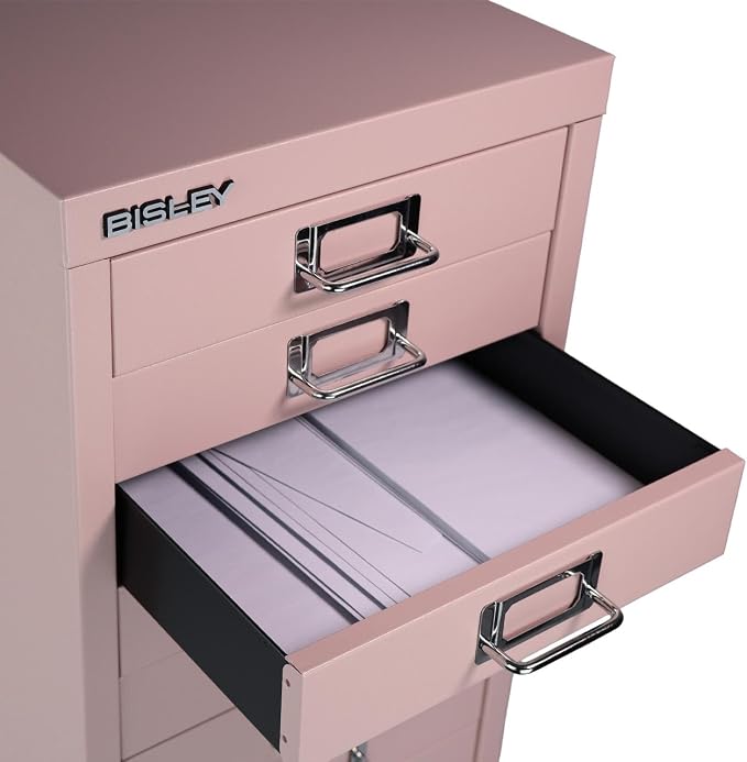 Bisley 10-Drawer Steel MultiDrawer Cabinet - Palest Pink | Chrome Pull Handles with Label Holders, Powder-Coated Steel, Removable Drawers, Fits Under Most Desks, Labels Included