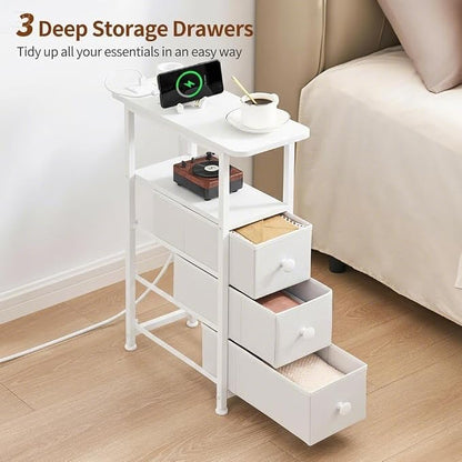 DALEMHOME Narrow End Table with Charging Station, Narrow Side Table with Drawer, Small Nightstand with LED Light, Skinny Nightstand, Small Bedside Table for Living Room, Bedroom, Couch, White