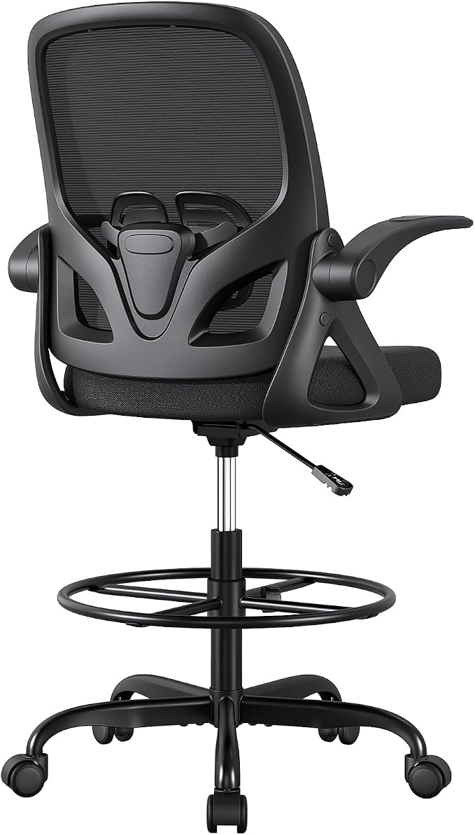 ORRSAKER Drafting Chair, Tall Office Chair with Flip-up Arms, Mesh Ergonomic Computer Standing Desk Chair with Adjustable Height Foot Ring and Lumbar Support, 300 LBS Capacity, Black