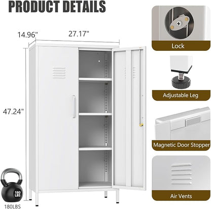 erosoei 47.24" H Metal Locker Storage Cabinet, Office Locker with 3 Adjustable Shelves, Steel Cabinet with 2 Doors, High Leg Organizer for Home Office, Kitchen, Living Room, Bedroom and Bathroom