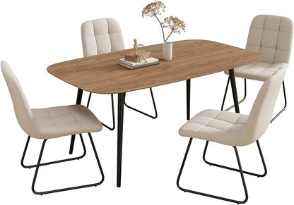 HIPIHOM 55.1'' Dining Table Set for 4,Modern Wood Dining Table,Leather Dining Chairs 4,Table and Chairs Set of 4,Ideal for Kitchen Dining Room (Walnut Color Table + 4 U-Shaped White Chairs, 55.1")