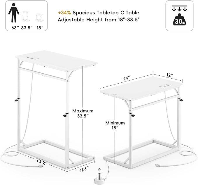 Vagusicc C Shaped End Table with Charging Station, C-Table End Table Adjustable Height Side Table for Couch, Large Couch Table, Slide Under Sofa Table TV Tray Arm Table for Living Room, Bedroom, White
