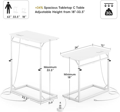 Vagusicc C Shaped End Table with Charging Station, C-Table End Table Adjustable Height Side Table for Couch, Large Couch Table, Slide Under Sofa Table TV Tray Arm Table for Living Room, Bedroom, White