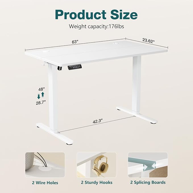 Sweetcrispy Electric Standing Desk Adjustable Height, 63x24 Inch Sit Stand Up Home Office Desks Memory Computer Workstation PC Work Table with Preset Splice Wood Board Metal Frame, White