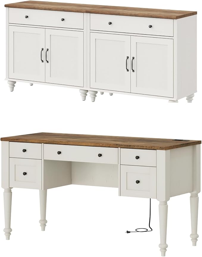 WAMPAT Home Office Furniture Set, 56" Executive Desk with Charging Station, 2-in-1 Cabinet with 4 Doors and 2 Drawers, Wood Computer Desk with File Cabinet Storage, Open Shelf, White