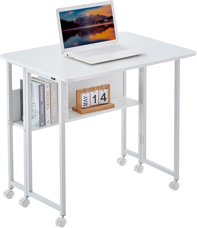 Folding Computer Desk with Wheels, 31.5" Space Saving Writing Table for Small Spaces, Portable Home Office Workstation, Foldable Laptop Desk with Storage Shelf