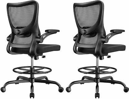 Marsail Drafting Chair, Tall Office Chair with 2D Lumbar Support, Standing Desk Chair with Padded Flip-Up Armrests & Adjustable Footrest Ring, Black,Pack of 2