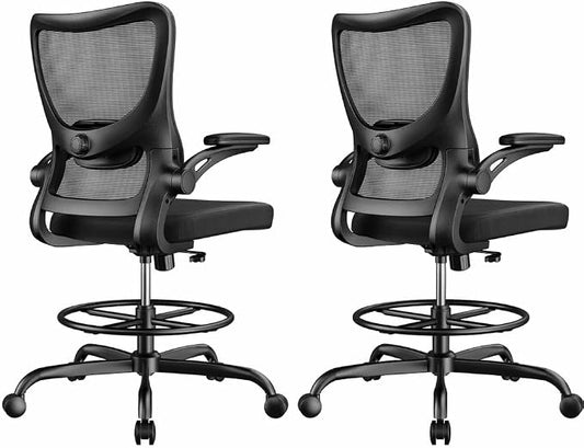 Marsail Drafting Chair, Tall Office Chair with 2D Lumbar Support, Standing Desk Chair with Padded Flip-Up Armrests & Adjustable Footrest Ring, Black,Pack of 2
