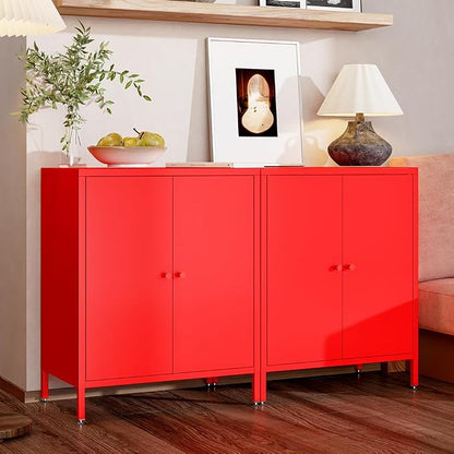 2 Door Metal Accent Storage Cabinet for Home, Living Room, Office Room,Kitchen-Metal Locker Cabinet with 1 Adjustable Shelves-2-Tier (Small 2 Door Cabinet, red)
