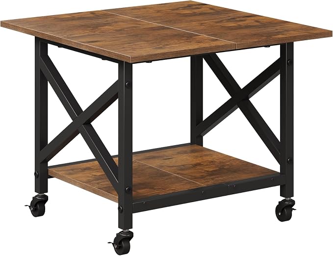 VENNQD 2 Tier Printer Stand, 23.6'' x 23.6'' Large Table with Storage Shelf, Rolling Printer Cart with Wheels, Laser Printer Table for Home Office Living Room Scanner Fax Machine, Rustic Brown