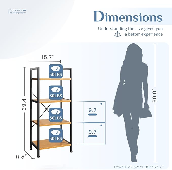 DUMOS 4 Tiers Open Bookshelf, Classic Freestanding Tall Display Shelf, Multifunctional Storage Organizer Rack for Living Room Home Office, Sturdy Bookcase for Books/Movies, Wood