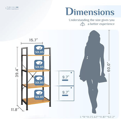 DUMOS 4 Tiers Open Bookshelf, Classic Freestanding Tall Display Shelf, Multifunctional Storage Organizer Rack for Living Room Home Office, Sturdy Bookcase for Books/Movies, Wood