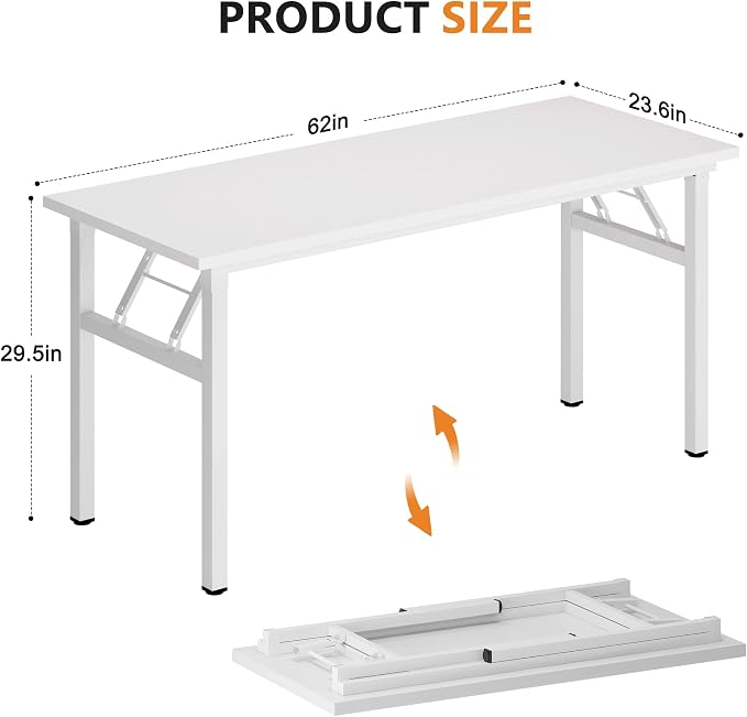DlandHome Computer Desk 62 inches Office Desk Computer Table Study Writing Desk Workstation for Home Office Metal Frame No Install Needed White and White
