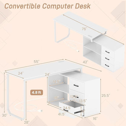 GOFLAME Reversible L Shaped Computer Desk with Charging Station, 55” Home Office Desk with 3 Drawers, 3-Level Adjustable Shelf, Convertible Study Writing Desk for Small Space, White