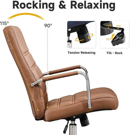 Office Desk Chair Leather, Conference Room Chairs with Wheels, Modern Executive Office Chairs Adjustable Height, Ergonomic Swivel Rolling Ribbed Computer Chair(Brown)