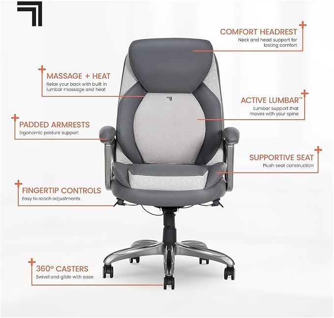 Sharper Image S-600 Active Lumbar Heated Ergonomic Bonded Leather Swivel Executive Massage Chair, Gray (60098-GRY)