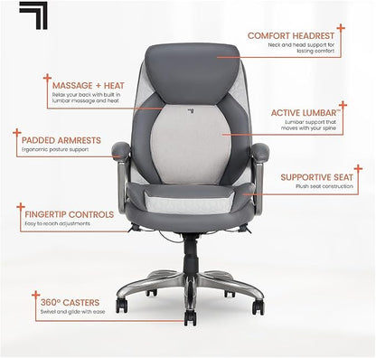 Sharper Image S-600 Active Lumbar Heated Ergonomic Bonded Leather Swivel Executive Massage Chair, Gray (60098-GRY)