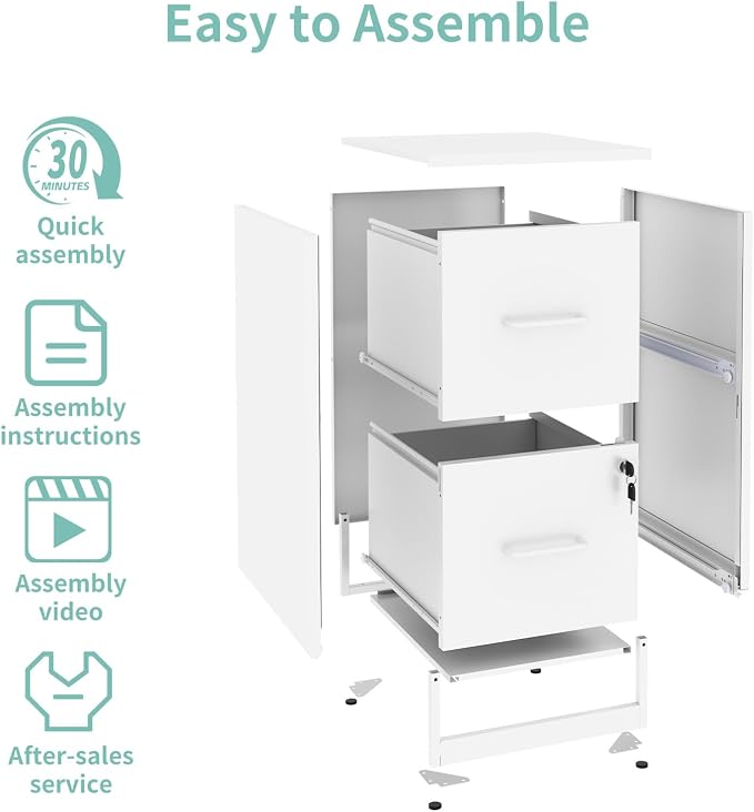 AQY 2 Drawer File Cabinet with Lock, Metal White Filing Cabinets for Home Office, 18" Deep Heavy Duty Vertical Storage Cabinet for Hanging A4/Letter/Legal Size Files, Assembly Require