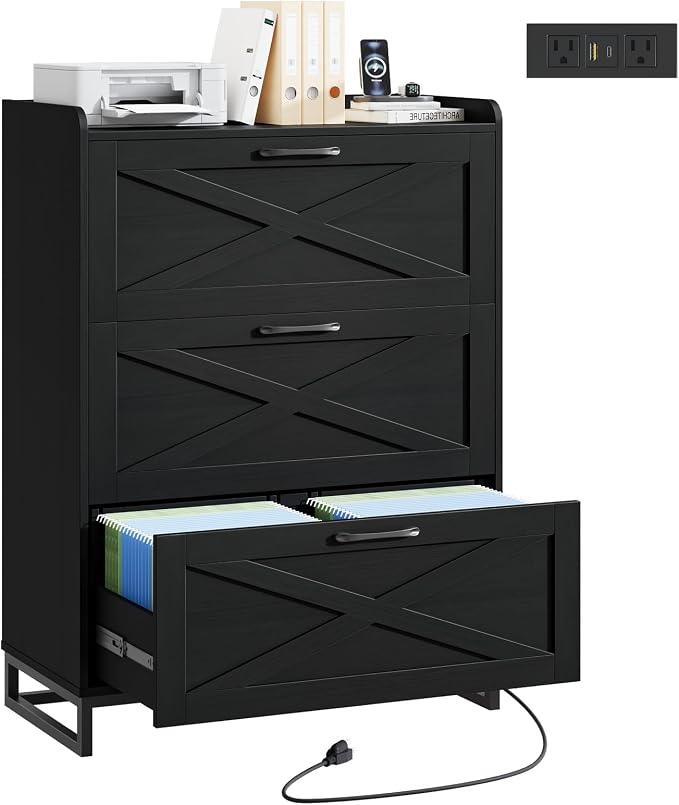 Halitaa File Cabinet 3 Drawers Lateral File Cabinet with Charging Station for Letter/Legal/A4 Size Hanging Files, Large Wood File Storage Cabinets Printer Stand for Home Office, Black