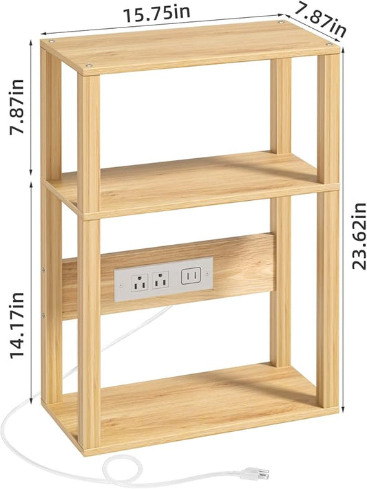 YUFAM Small Narrow Wood Side Table with Charging Station, 3-Tier Slim End Table for Small Space, Skinny Nightstand with Storage for Couch, Thin Bedside Table with USB Ports and Outlets, Natural