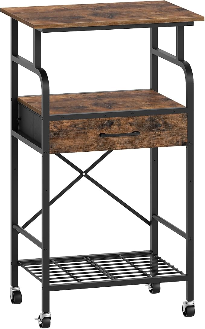 MAHANCRIS Tall Printer Stand, 3 Tier Printer Cart with Storage, Industrial Printer Table on Wheels, Adjustable Shelf & Fabric Drawer, for Home Office Study Rustic Brown PTHR5401