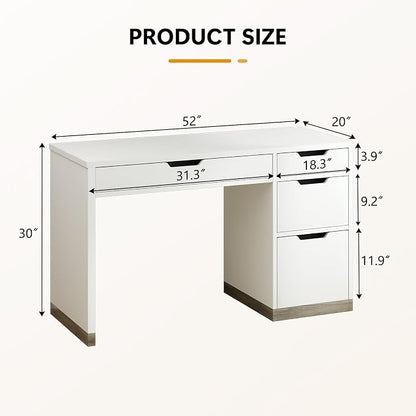 MaverickFurni 52 Inch White Desk with 4 Drawers, Computer Desk with Storage for Small Spaces with Storage File Drawer, Small Home Office Desk with Drawers for Bedroom