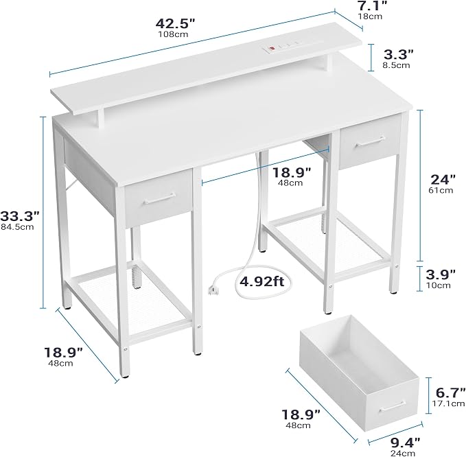 Furnify White Computer Desk with Drawers, 42 Inch Home Office Desk Study Writing Table, Gaming Desk with USB Power Outlets, Office Desk with Fabric Drawer, Work Table with Shelf for Bedroom, White