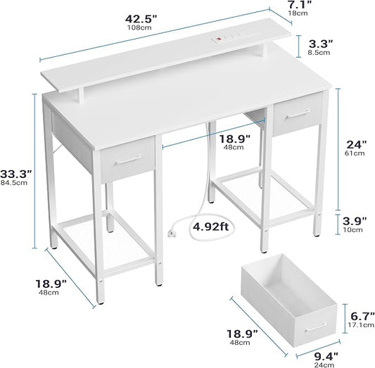 Furnify White Computer Desk with Drawers, 42 Inch Home Office Desk Study Writing Table, Gaming Desk with USB Power Outlets, Office Desk with Fabric Drawer, Work Table with Shelf for Bedroom, White