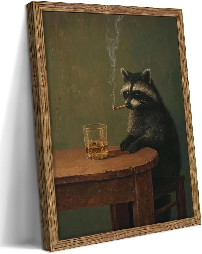 Framed Vintage Raccoon Wall Art, Moody Raccoon Canvas Prints, Funny Dark Academia Animal Poster, Classic Oil Painting Style Artwork, Whimsical Wall Decor for Living Room Bedroom Office 12x16in