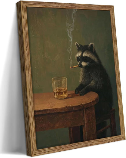 Framed Vintage Raccoon Wall Art, Moody Raccoon Canvas Prints, Funny Dark Academia Animal Poster, Classic Oil Painting Style Artwork, Whimsical Wall Decor for Living Room Bedroom Office 8x10in