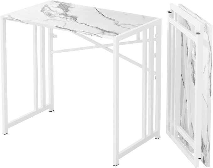 Lutown-Teen 35 inch Folding Small Desk, Writing Gaming Computer Camping Desk for Small Spaces, No Assembly Required Home Office Table, White Marble