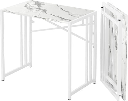 Lutown-Teen 35 inch Folding Small Desk, Writing Gaming Computer Camping Desk for Small Spaces, No Assembly Required Home Office Table, White Marble