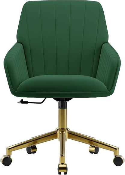 YISHENG Velvet Office Desk Chair with Gold Base, with Wheels,Modern Height Adjustable 360 Degree Swivel Upholstered Vanity Chairs with Arms for Living Room Bedroom,Green