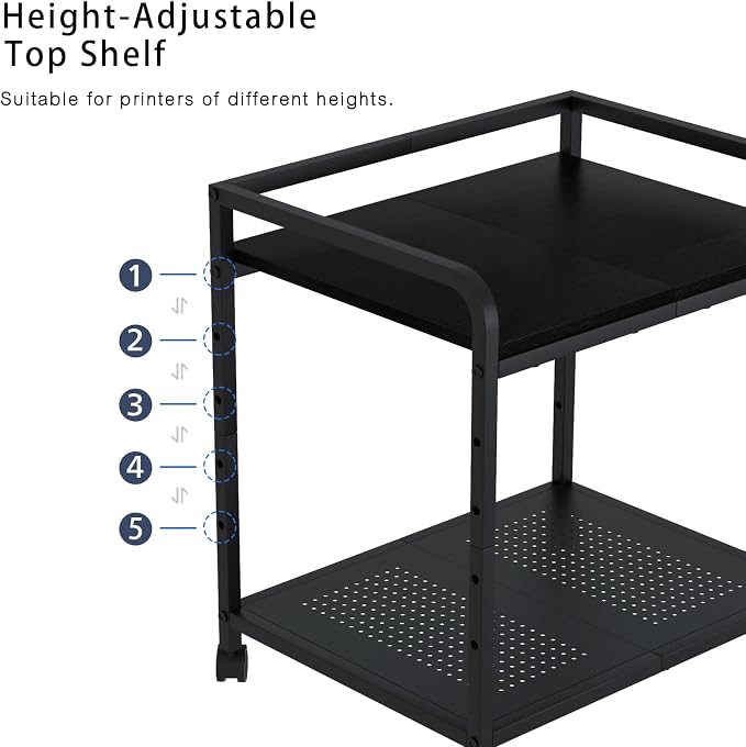 21"x15.8" Large Printer Stand with Storage, 2-Tier Under Desk Printer Table, Rolling Printer Cart with Lockable Wheels for Home, Office (Black)