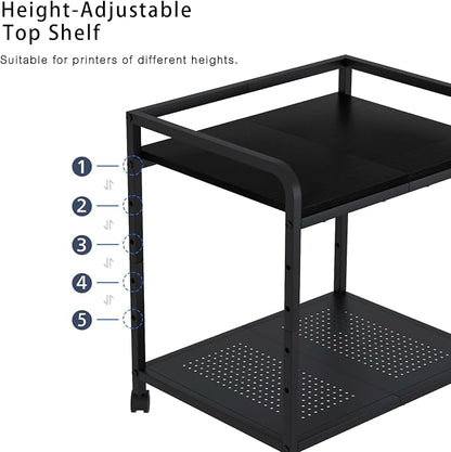 21"x15.8" Large Printer Stand with Storage, 2-Tier Under Desk Printer Table, Rolling Printer Cart with Lockable Wheels for Home, Office (Black)