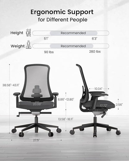 ProtoArc Ergonomic Office Chair - Flexer Pro Mesh Desk Chair with Lumbar Support for Women, Slide Seat & 4D Armrests, Tilt Lock | Stylish & Comfortable for Home Office, Computer Work - Black