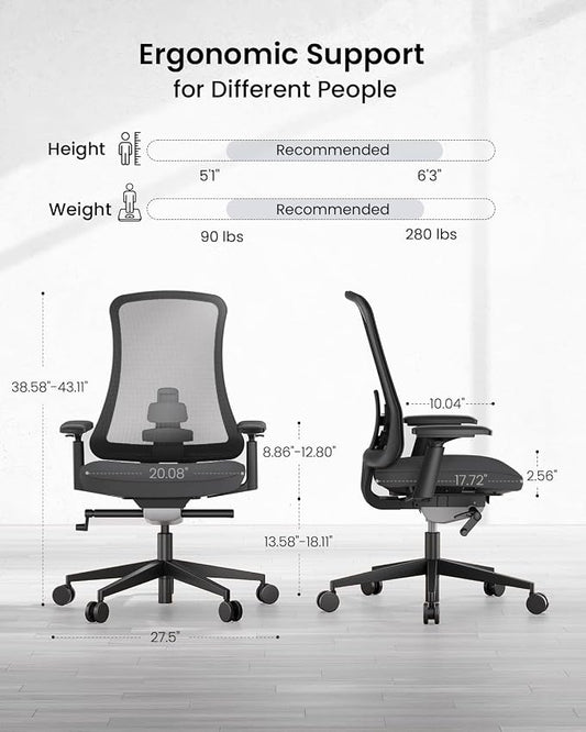 ProtoArc Ergonomic Office Chair - Flexer Pro Mesh Desk Chair with Lumbar Support for Women, Slide Seat & 4D Armrests, Tilt Lock | Stylish & Comfortable for Home Office, Computer Work - Black