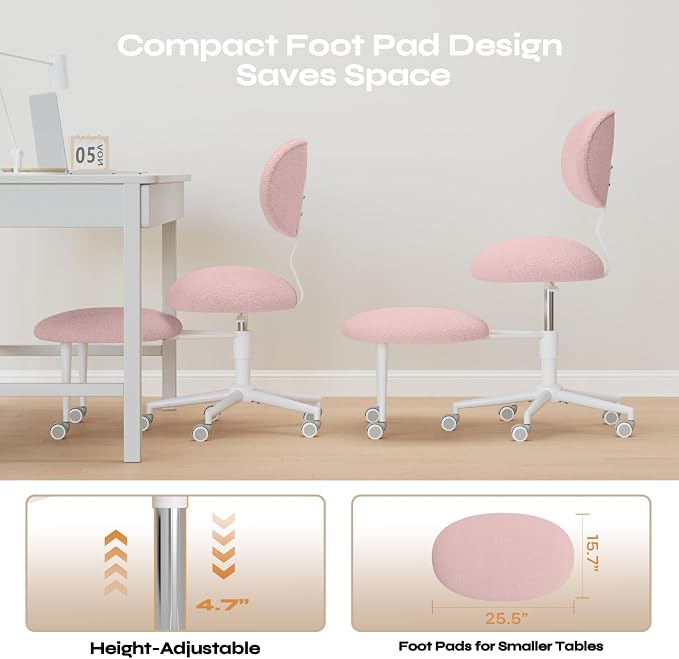 Pinmoco Ergonomic Cross Legged Office Chair with Wheels, ADHD Chair for Adults, Meditation Chair, Yoga Office Chair, Comfortable Back Support, Height Adjustable,Small Spaces, Teddy Fabric, Pink